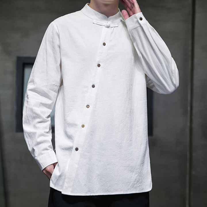 Camicia da uomo a maniche lunghe Buddha Stones con colletto alto e comoda camicia in cotone e lino - image 5