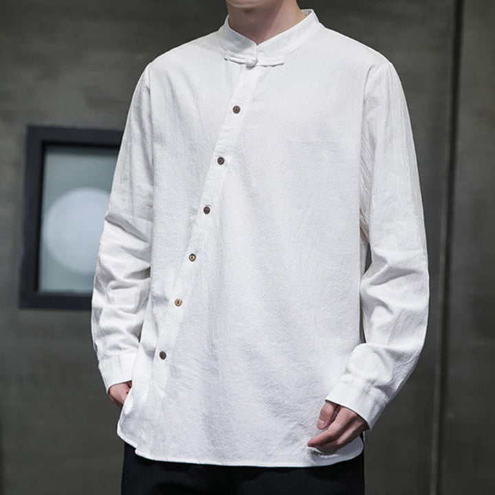 Camicia da uomo a maniche lunghe Buddha Stones con colletto alto e comoda camicia in cotone e lino - image 1