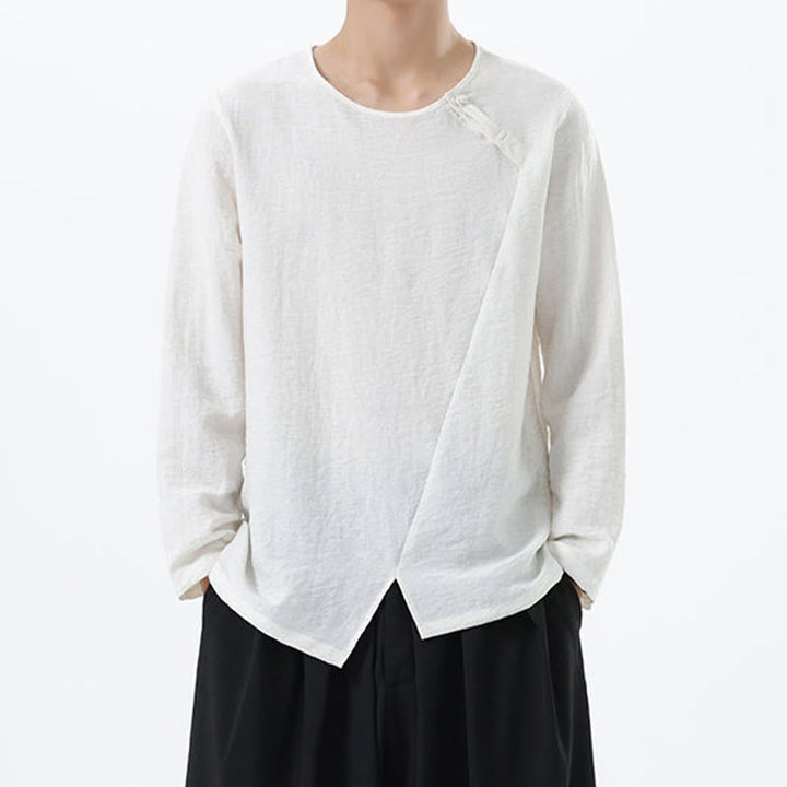 Camicia da uomo in cotone e lino con colletto rotondo e maniche lunghe Buddha Stones - Bianco - US/UK/AU46, EU56 (5XL) - image 6