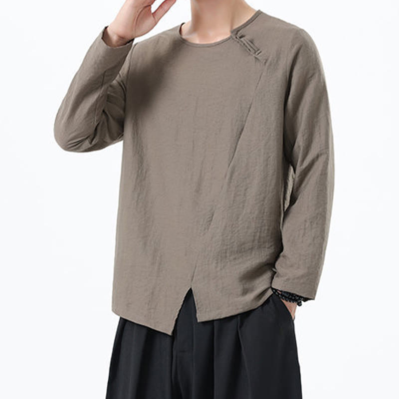 Camicia da uomo in cotone e lino con colletto rotondo e maniche lunghe Buddha Stones