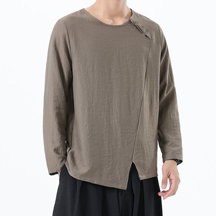 Camicia da uomo in cotone e lino con colletto rotondo e maniche lunghe Buddha Stones - image 3