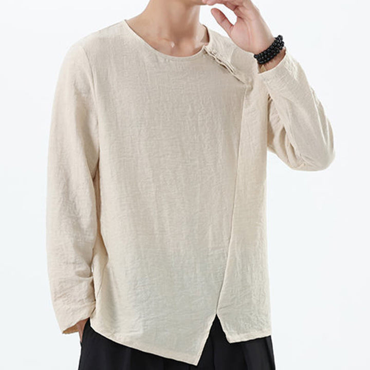 Camicia da uomo in cotone e lino con colletto rotondo e maniche lunghe Buddha Stones