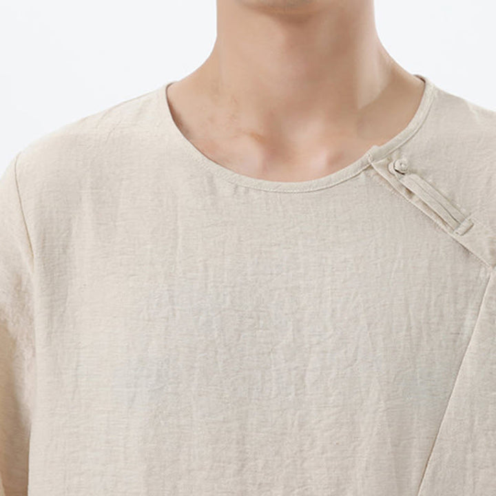 Camicia da uomo in cotone e lino con colletto rotondo e maniche lunghe Buddha Stones