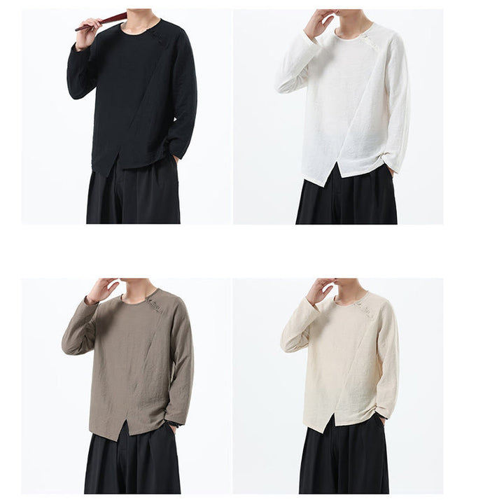 Camicia da uomo in cotone e lino con colletto rotondo e maniche lunghe Buddha Stones - image 34