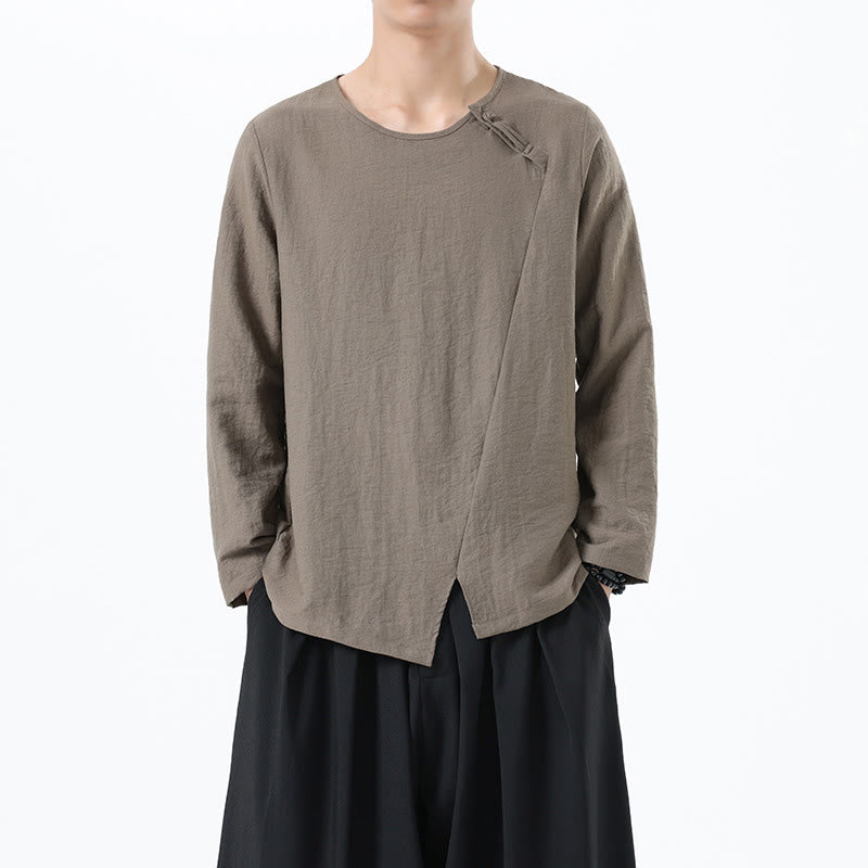 Camicia da uomo in cotone e lino con colletto rotondo e maniche lunghe Buddha Stones - Abbronzatura - US/UK/AU46, EU56 (5XL) - image 0