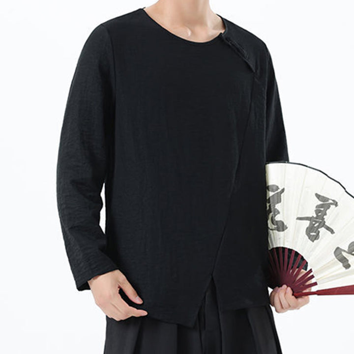 Camicia da uomo in cotone e lino con colletto rotondo e maniche lunghe Buddha Stones