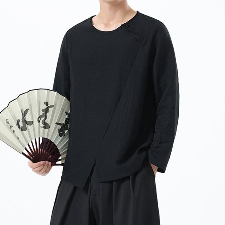 Camicia da uomo in cotone e lino con colletto rotondo e maniche lunghe Buddha Stones