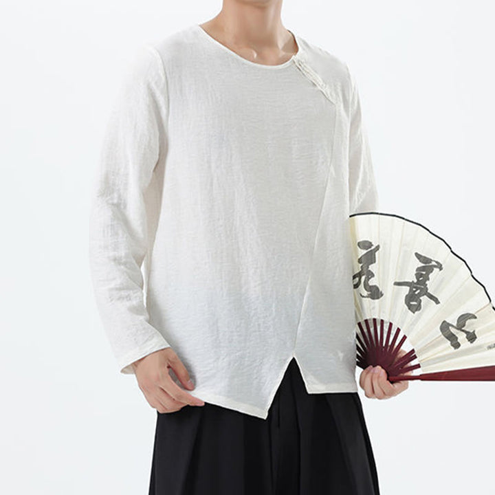 Camicia da uomo in cotone e lino con colletto rotondo e maniche lunghe Buddha Stones
