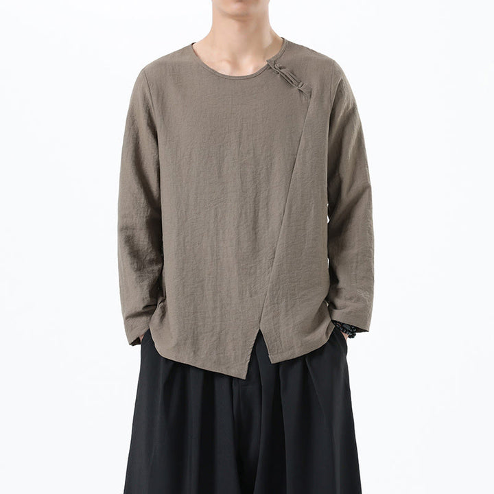 Camicia da uomo in cotone e lino con colletto rotondo e maniche lunghe Buddha Stones