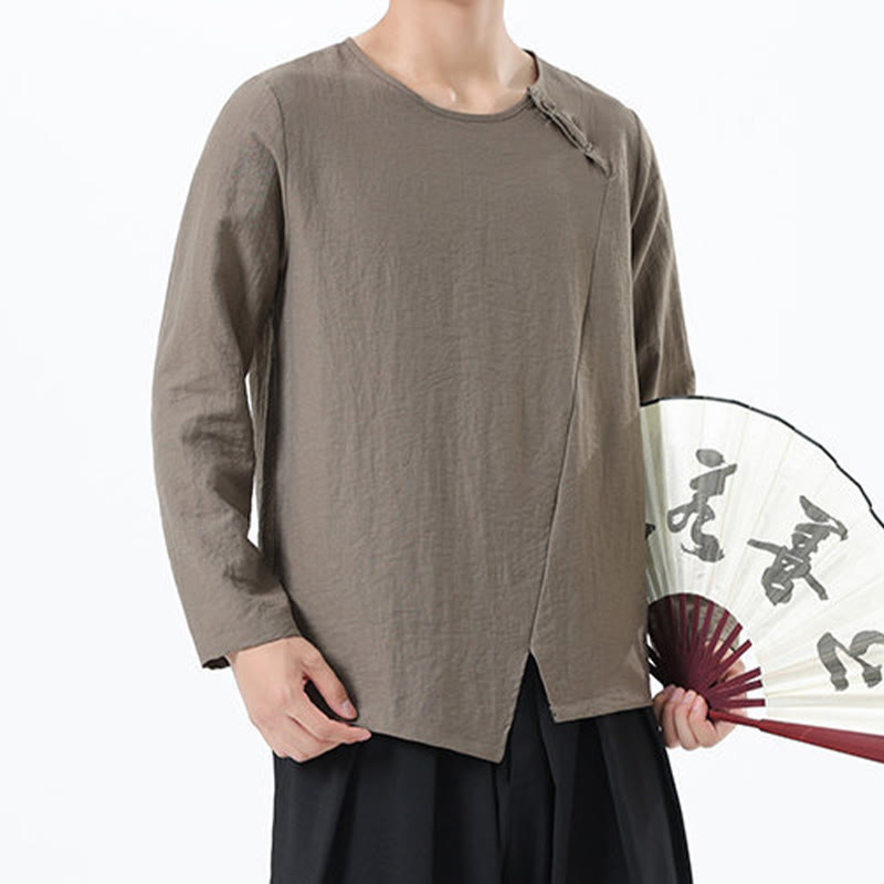 Camicia da uomo in cotone e lino con colletto rotondo e maniche lunghe Buddha Stones