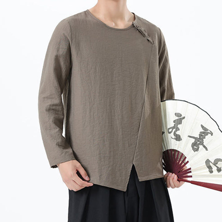 Camicia da uomo in cotone e lino con colletto rotondo e maniche lunghe Buddha Stones