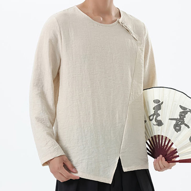 Camicia da uomo in cotone e lino con colletto rotondo e maniche lunghe Buddha Stones