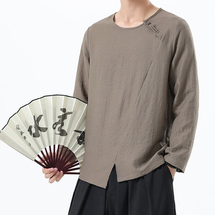 Camicia da uomo in cotone e lino con colletto rotondo e maniche lunghe Buddha Stones