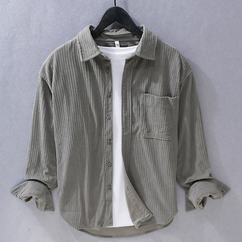 Camicia casual in velluto a coste con taschino e colletto rovesciato a maniche lunghe da uomo Buddha Stones - Grigio tenue - US/UK/AU42, EU52 (3XL) - image 0