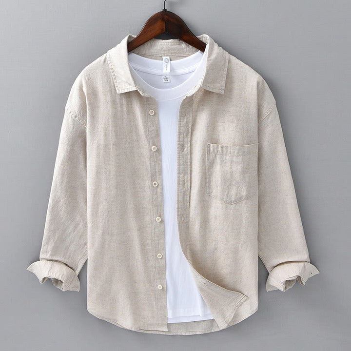 Camicia da uomo a maniche lunghe con colletto risvoltato e taschino, tinta unita, in comodo cotone, con stampa Buddha Stones. - PapayaWhip - US/UK/AU42, EU52 (3XL) - image 0