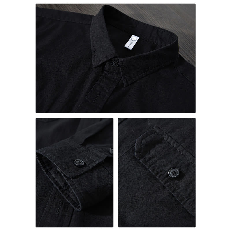 Camicia casual in cotone di colore puro con colletto rovesciato a maniche lunghe da uomo Buddha Stones con tasca - image 16