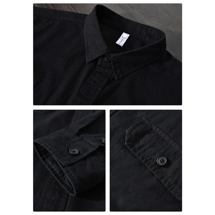 Camicia casual in cotone di colore puro con colletto rovesciato a maniche lunghe da uomo Buddha Stones con tasca - image 16