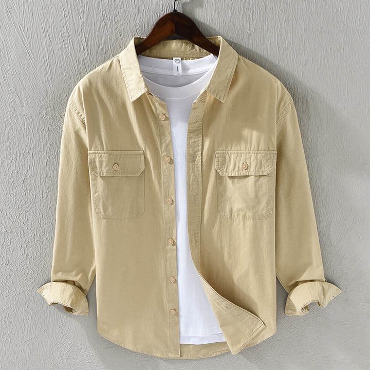 Camicia casual in cotone di colore puro con colletto rovesciato a maniche lunghe da uomo Buddha Stones con tasca