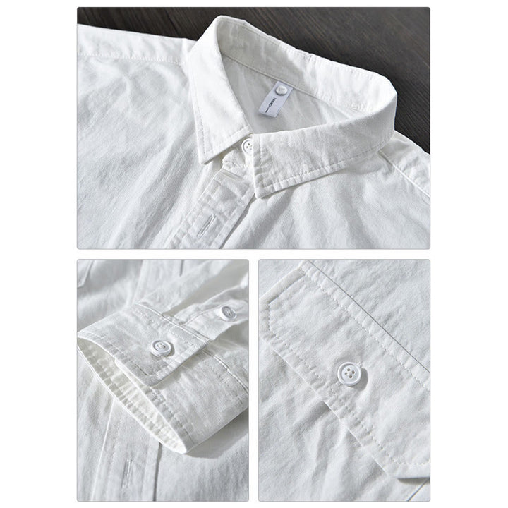 Camicia casual in cotone di colore puro con colletto rovesciato a maniche lunghe da uomo Buddha Stones con tasca - image 12