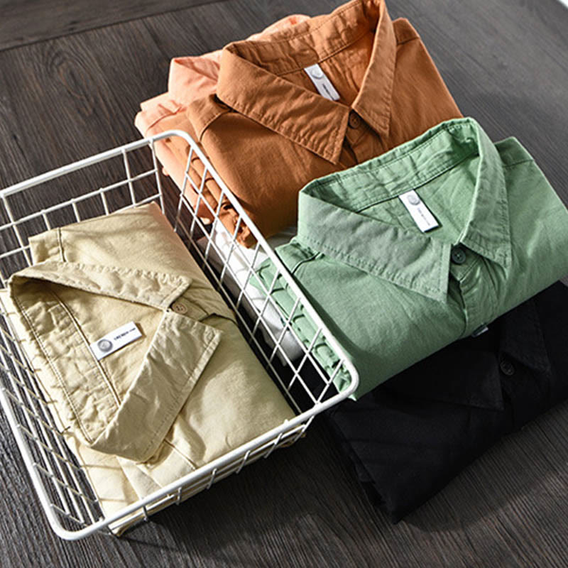 Camicia casual in cotone di colore puro con colletto rovesciato a maniche lunghe da uomo Buddha Stones con tasca - image 20