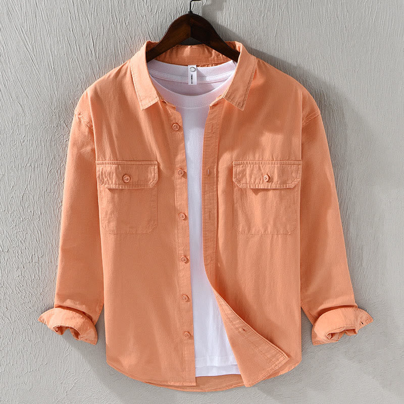 Camicia casual in cotone di colore puro con colletto rovesciato a maniche lunghe da uomo Buddha Stones con tasca