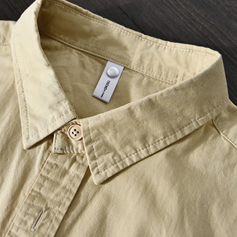 Camicia casual in cotone di colore puro con colletto rovesciato a maniche lunghe da uomo Buddha Stones con tasca - image 3