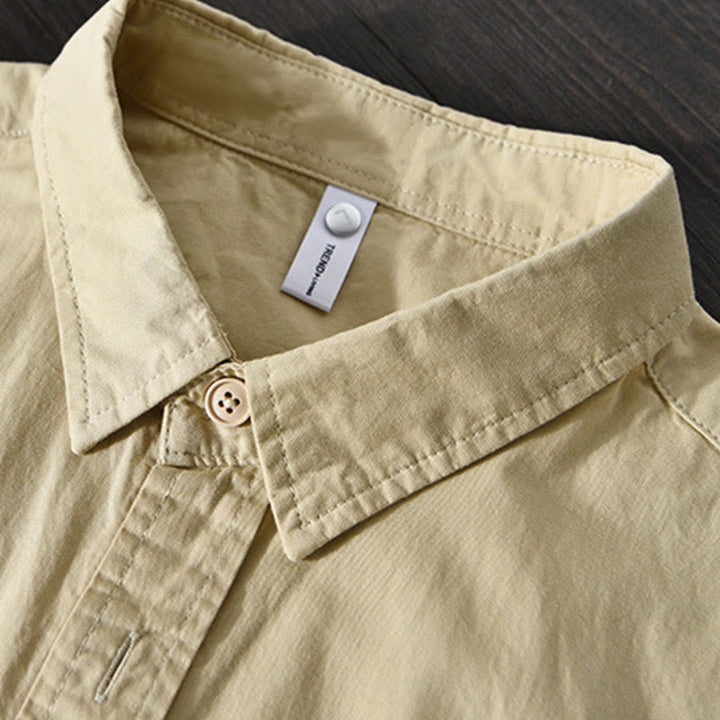 Camicia casual in cotone di colore puro con colletto rovesciato a maniche lunghe da uomo Buddha Stones con tasca - image 3