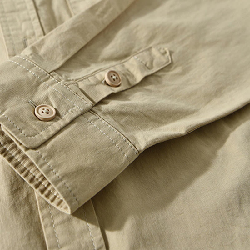 Camicia casual in cotone di colore puro con colletto rovesciato a maniche lunghe da uomo Buddha Stones con tasca