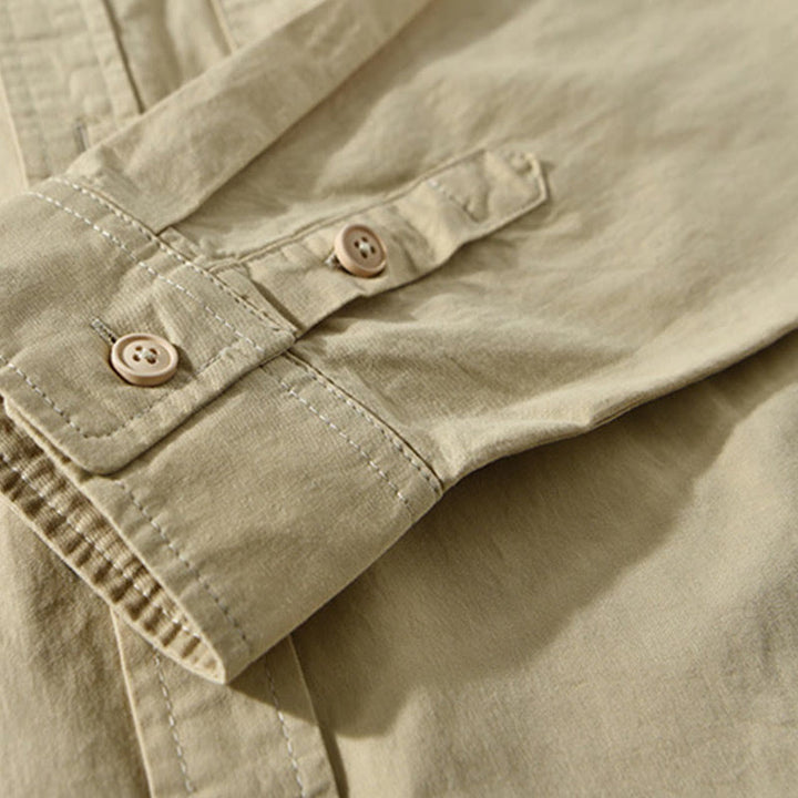 Camicia casual in cotone di colore puro con colletto rovesciato a maniche lunghe da uomo Buddha Stones con tasca