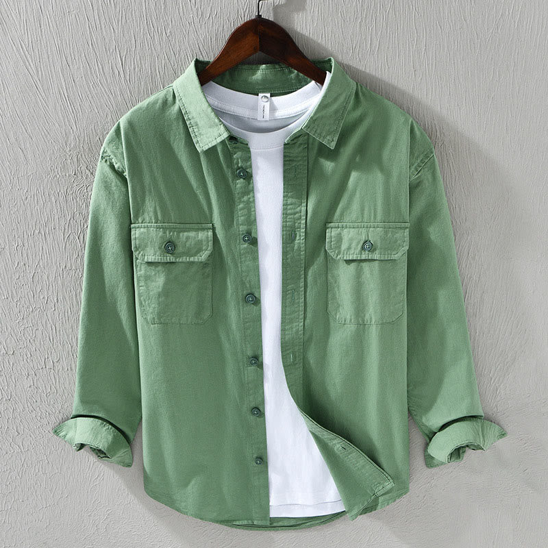 Camicia casual in cotone di colore puro con colletto rovesciato a maniche lunghe da uomo Buddha Stones con tasca