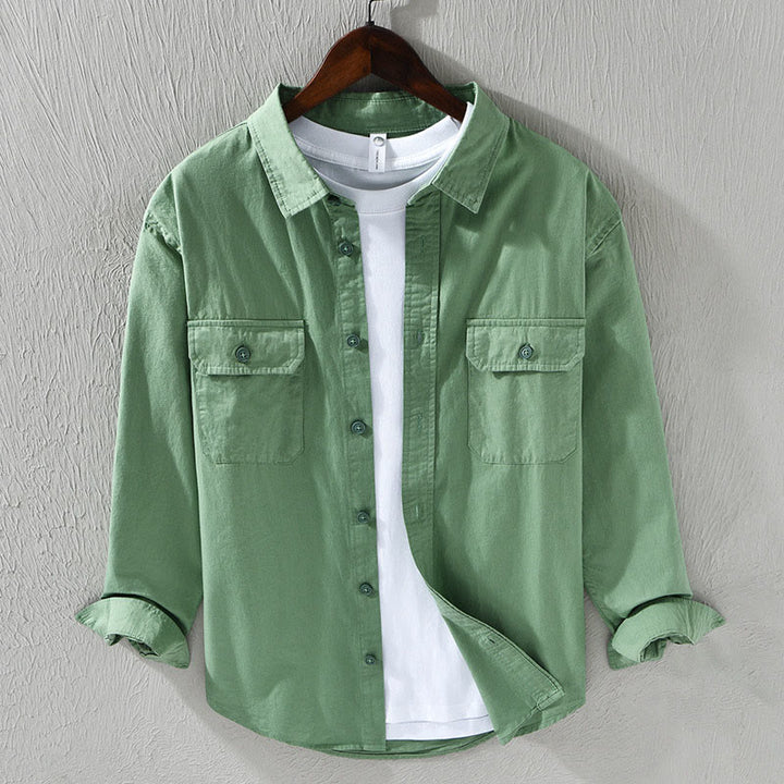 Camicia casual in cotone di colore puro con colletto rovesciato a maniche lunghe da uomo Buddha Stones con tasca