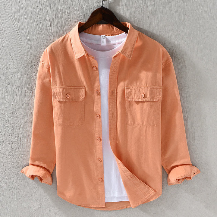 Camicia casual in cotone di colore puro con colletto rovesciato a maniche lunghe da uomo Buddha Stones con tasca - SandyBrown - US/UK/AU46, EU56 (5XL) - image 17
