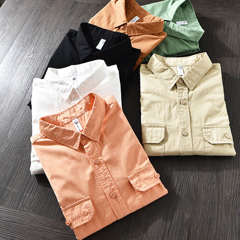 Camicia casual in cotone di colore puro con colletto rovesciato a maniche lunghe da uomo Buddha Stones con tasca - image 1