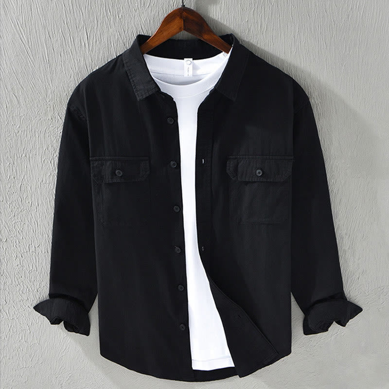Camicia casual in cotone di colore puro con colletto rovesciato a maniche lunghe da uomo Buddha Stones con tasca