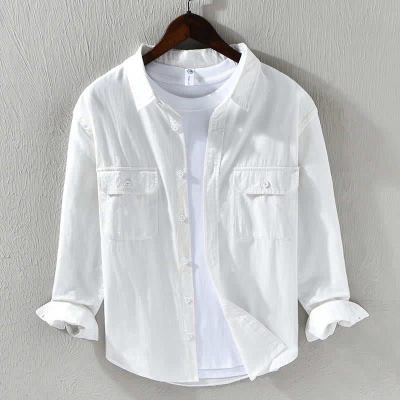 Camicia casual in cotone di colore puro con colletto rovesciato a maniche lunghe da uomo Buddha Stones con tasca