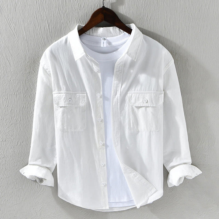Camicia casual in cotone di colore puro con colletto rovesciato a maniche lunghe da uomo Buddha Stones con tasca