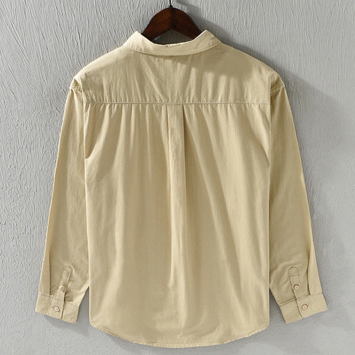 Camicia casual in cotone di colore puro con colletto rovesciato a maniche lunghe da uomo Buddha Stones con tasca