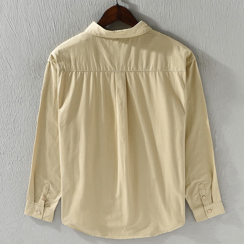 Camicia casual in cotone di colore puro con colletto rovesciato a maniche lunghe da uomo Buddha Stones con tasca - image 2