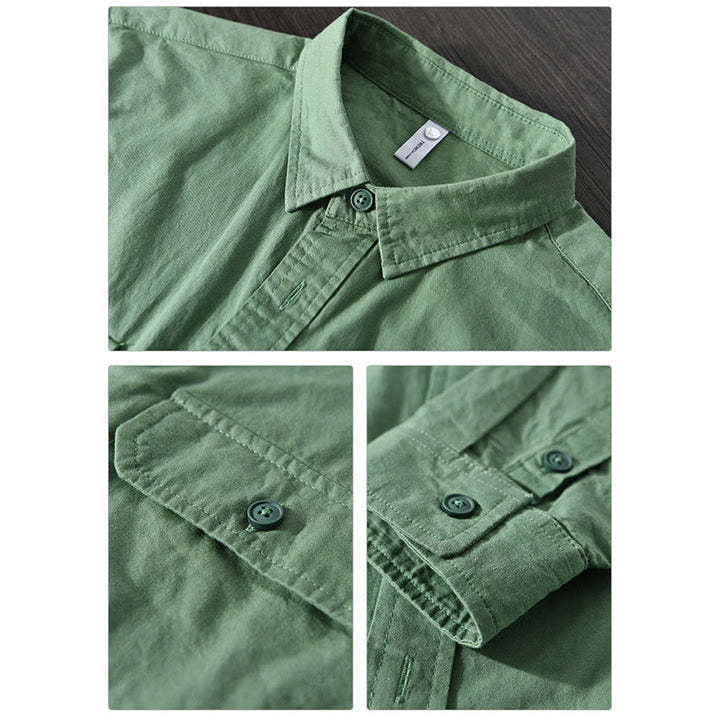 Camicia casual in cotone di colore puro con colletto rovesciato a maniche lunghe da uomo Buddha Stones con tasca - image 10