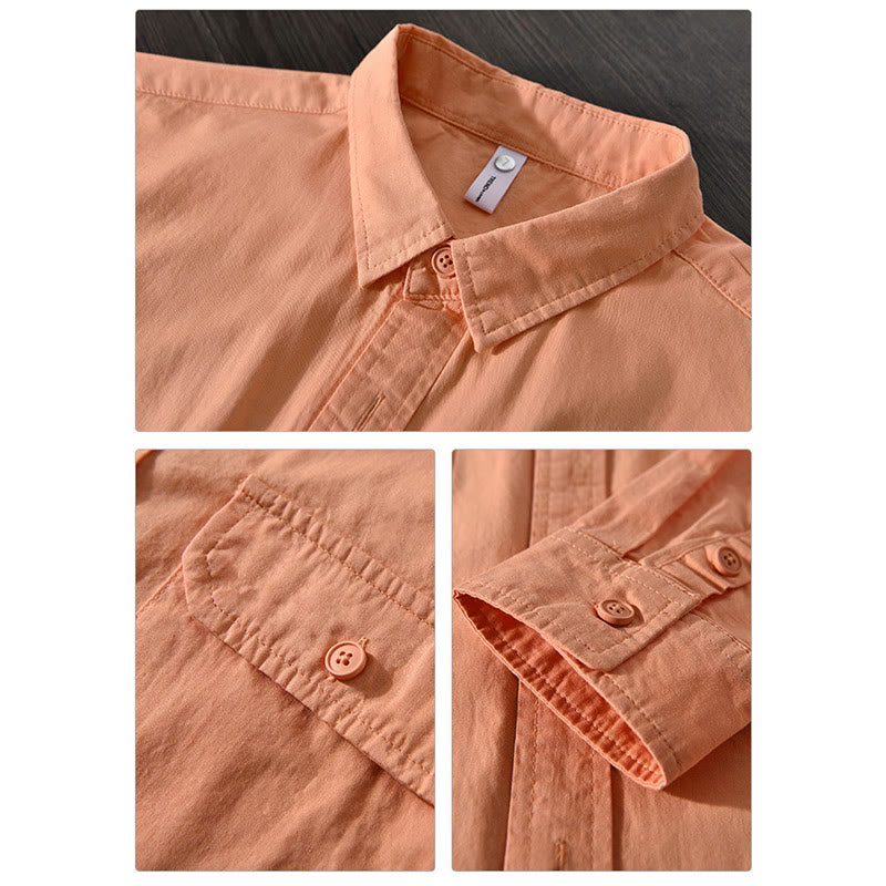 Camicia casual in cotone di colore puro con colletto rovesciato a maniche lunghe da uomo Buddha Stones con tasca - image 18