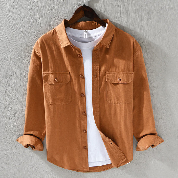 Camicia casual in cotone di colore puro con colletto rovesciato a maniche lunghe da uomo Buddha Stones con tasca