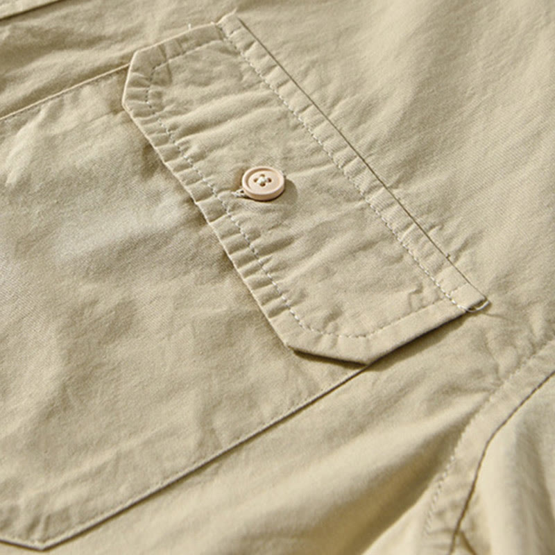 Camicia casual in cotone di colore puro con colletto rovesciato a maniche lunghe da uomo Buddha Stones con tasca - image 4