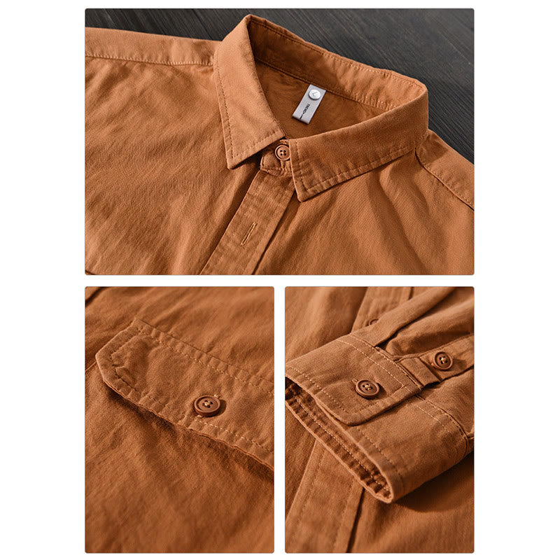 Camicia casual in cotone di colore puro con colletto rovesciato a maniche lunghe da uomo Buddha Stones con tasca - image 14