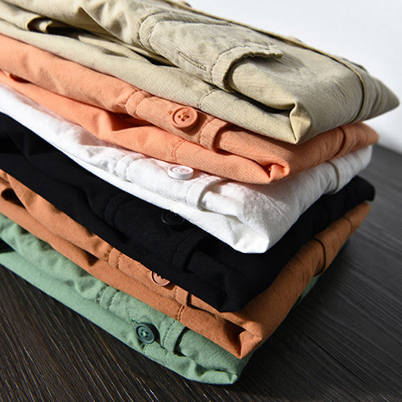 Camicia casual in cotone di colore puro con colletto rovesciato a maniche lunghe da uomo Buddha Stones con tasca