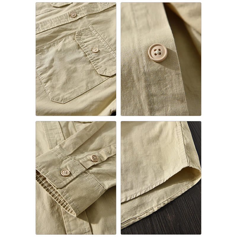 Camicia casual in cotone di colore puro con colletto rovesciato a maniche lunghe da uomo Buddha Stones con tasca - image 8