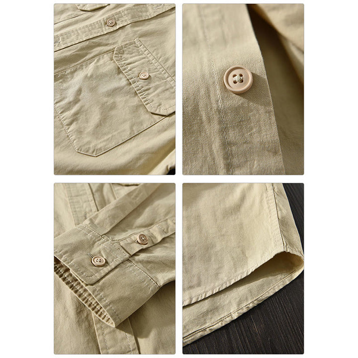 Camicia casual in cotone di colore puro con colletto rovesciato a maniche lunghe da uomo Buddha Stones con tasca - image 8