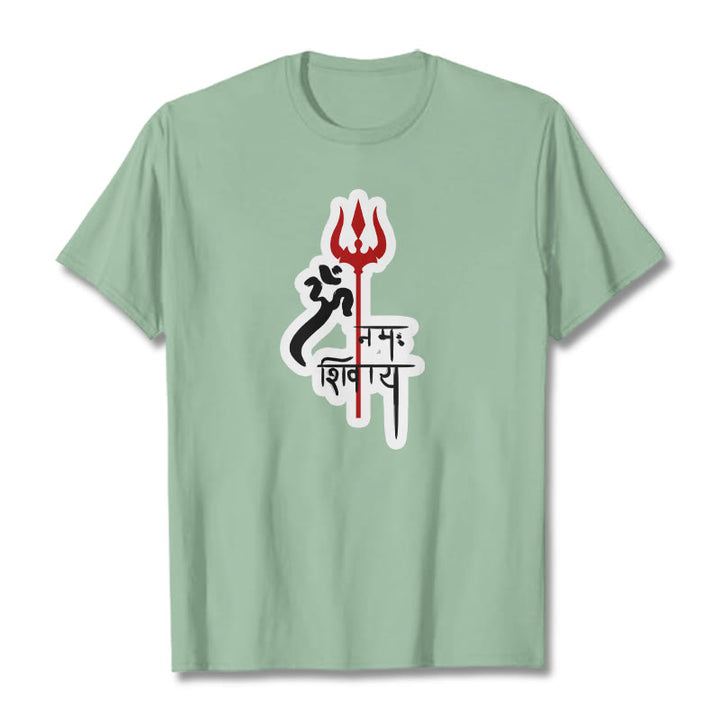 Maglietta in cotone con profilo del tridente rosso Buddha Stones OM NAMAH SHIVAYA
