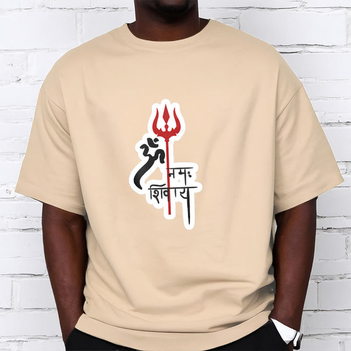 Maglietta in cotone con profilo del tridente rosso Buddha Stones OM NAMAH SHIVAYA