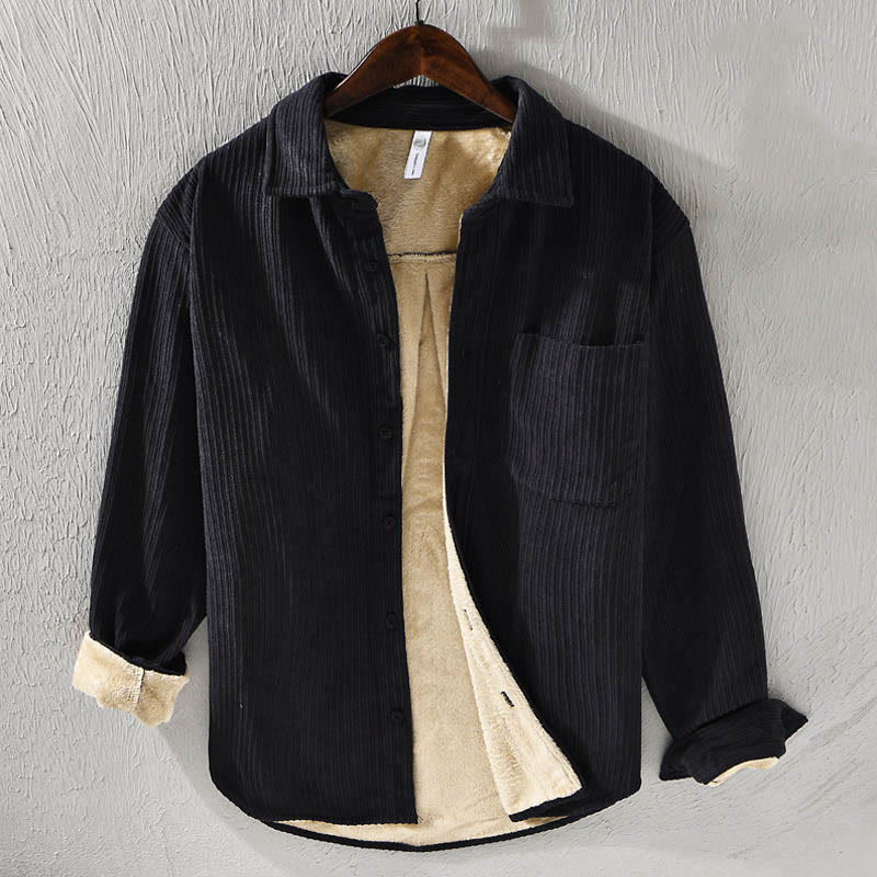 Camicia comoda in velluto a coste con fodera in pile a maniche lunghe da uomo Buddha Stones con tasca