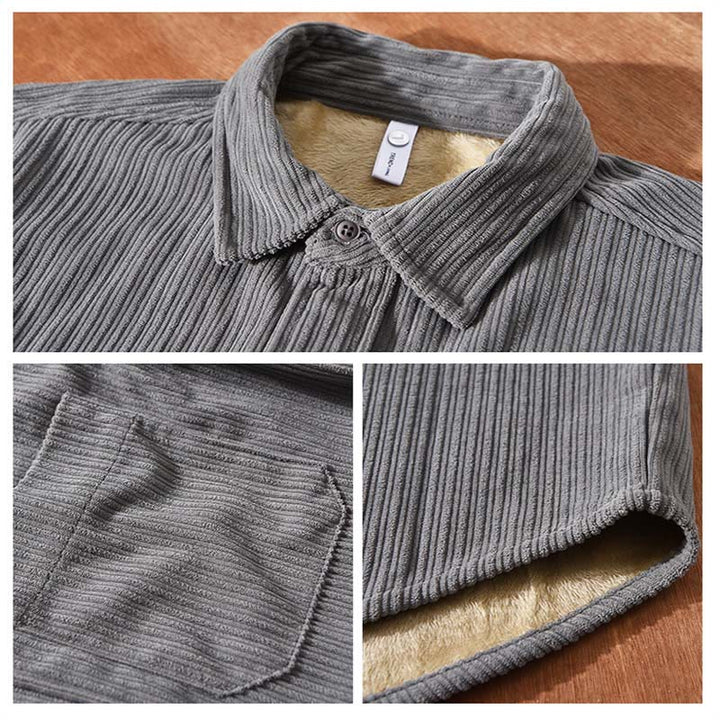 Camicia comoda in velluto a coste con fodera in pile a maniche lunghe da uomo Buddha Stones con tasca